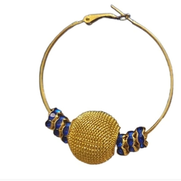 Gold Plated Handcrafted Ball Drop Hoops & Sapphire Imitation Crystal - Picture 5 of 6